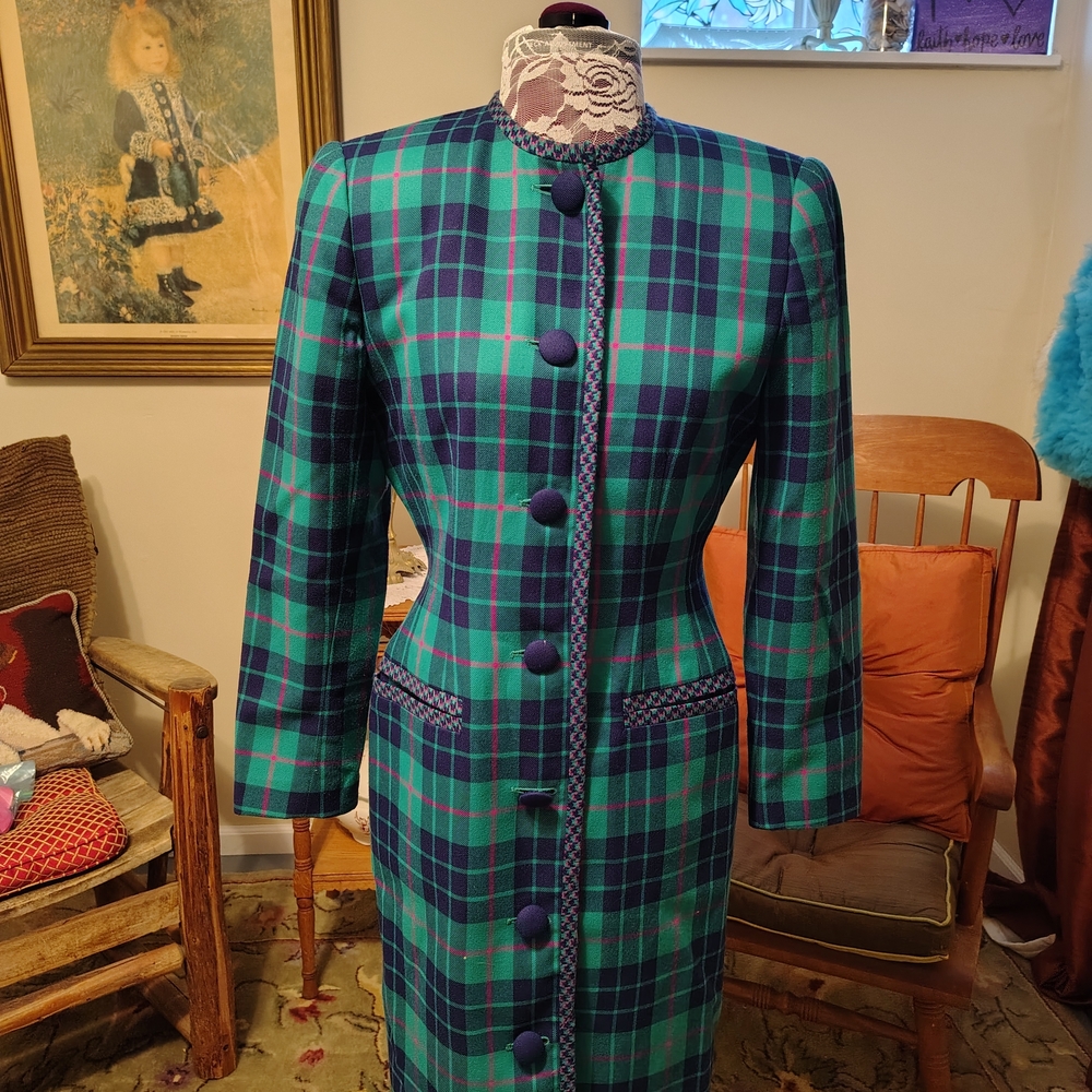 Vintage Leslie Fay Blue and Green Plaid Dress Blue, Green With Hot Pink Accents